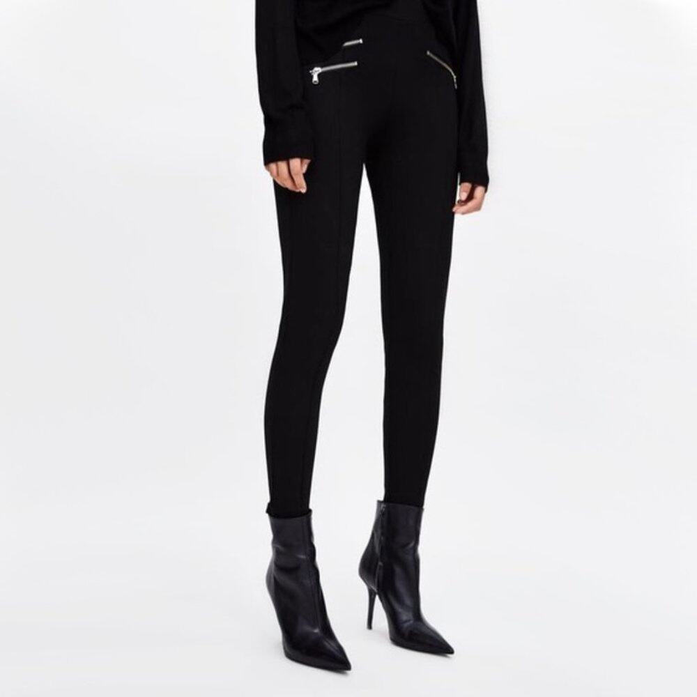 Zara Navy Moto Zipper Detail Skinny Cotton Knit Legging Pants Womens S